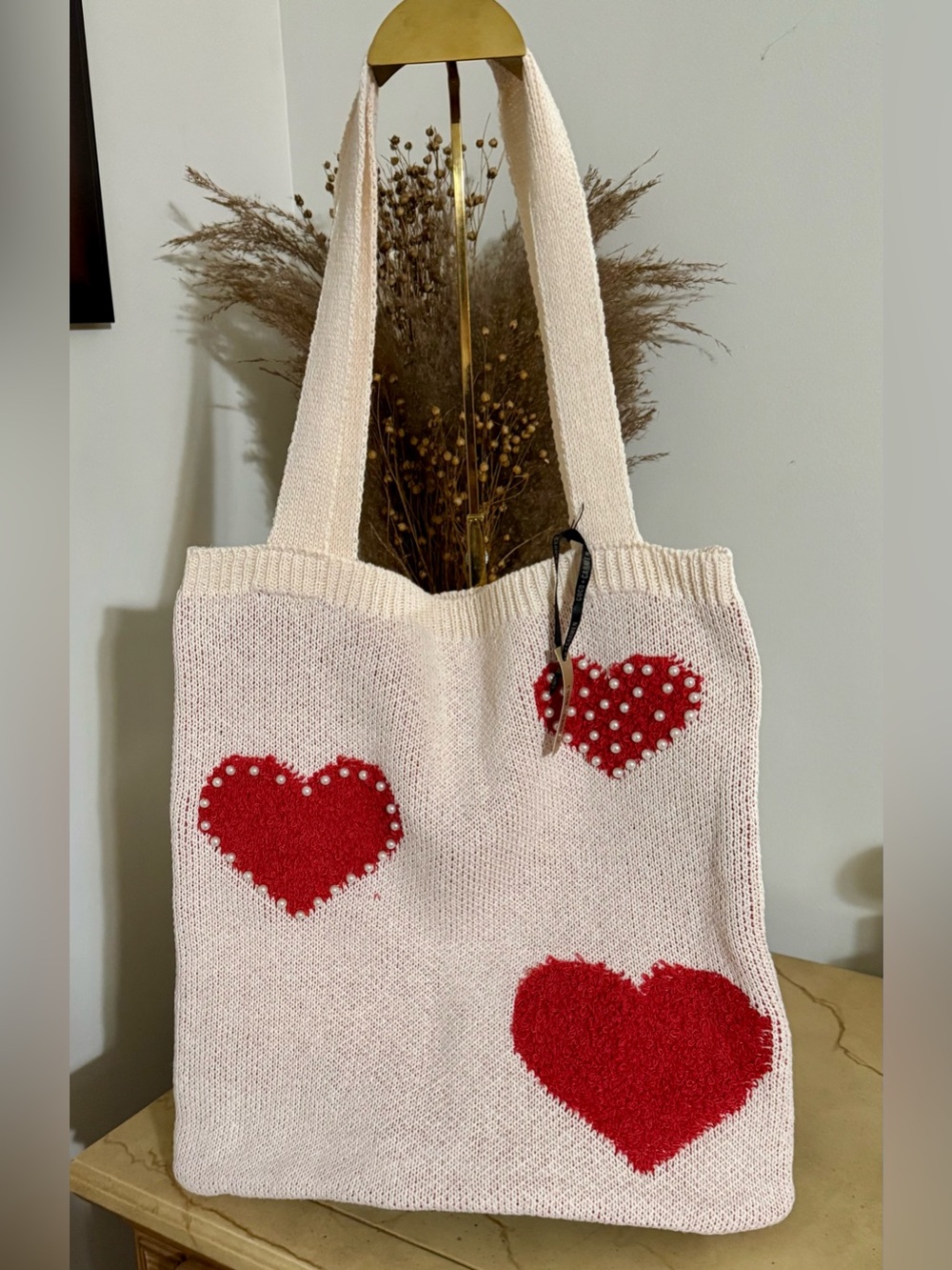 Coco + Carmen Cream Knit Tote Bag with Red Heart Accents NWT